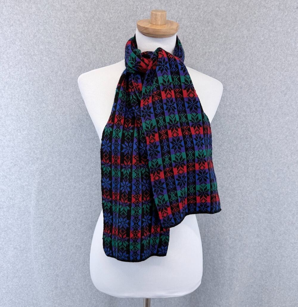 Women's Multi-Color Knit Scarf Black Red Green Blue Purple Fair Isle Pattern